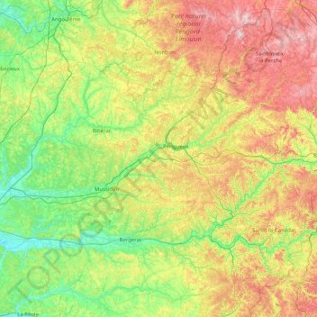 Топографическая карта Dordogne, высота, рельеф