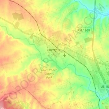 Топографическая карта Liberty Hill, высота, рельеф