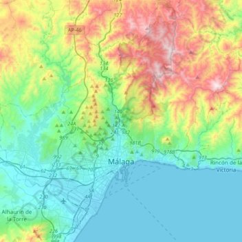 Топографическая карта Малага, высота, рельеф