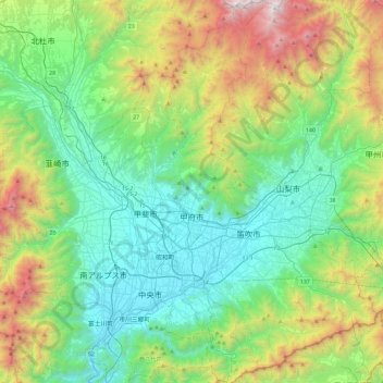 Топографическая карта Кофу, высота, рельеф