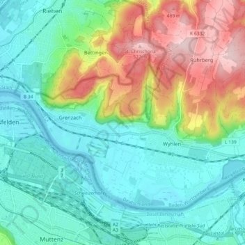 Топографическая карта Гренцах-Вилен, высота, рельеф