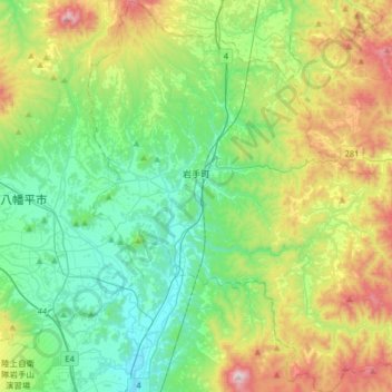 Топографическая карта 岩手町, высота, рельеф