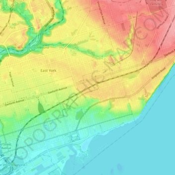 Топографическая карта Beaches—East York, высота, рельеф