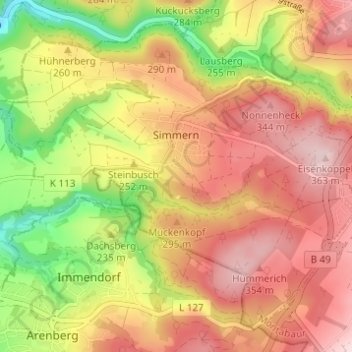 Топографическая карта Simmern, высота, рельеф