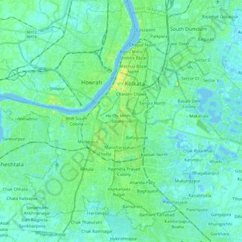Топографическая карта Kolkata, высота, рельеф