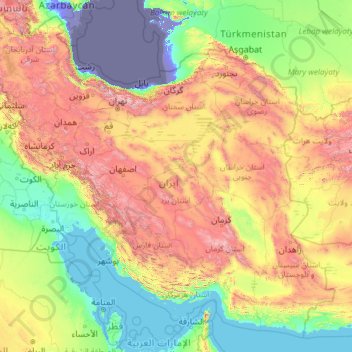 Топографическая карта Иран, высота, рельеф