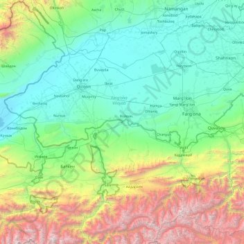 Топографическая карта Ферганская область, высота, рельеф