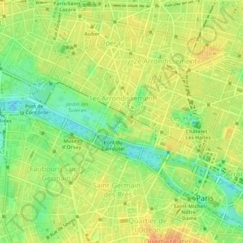 Топографическая карта Paris 1er Arrondissement, высота, рельеф