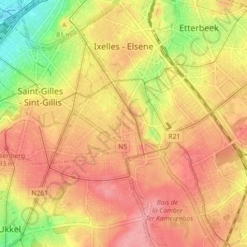 Топографическая карта Ixelles, высота, рельеф