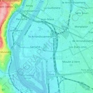 Топографическая карта Lyon 7e Arrondissement, высота, рельеф