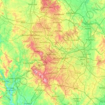 Топографическая карта West Midlands, высота, рельеф