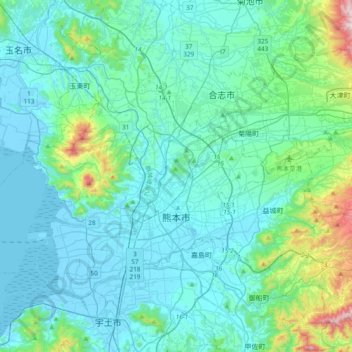Топографическая карта Кумамото, высота, рельеф
