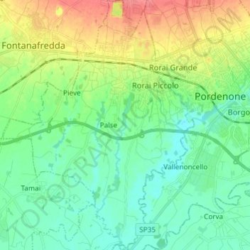 Топографическая карта Porcia, высота, рельеф