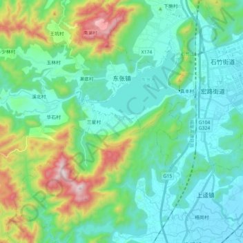 Топографическая карта 东张镇, высота, рельеф
