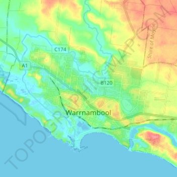 Топографическая карта Warrnambool, высота, рельеф