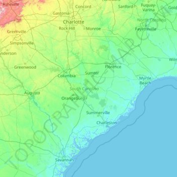 Топографическая карта Южная Каролина, высота, рельеф