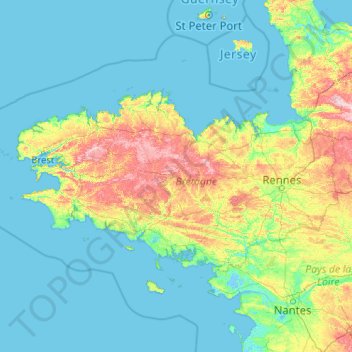 Топографическая карта Бретань, высота, рельеф