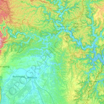 Топографическая карта Hawkesbury River, высота, рельеф