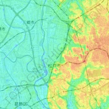 Топографическая карта 松戸市, высота, рельеф