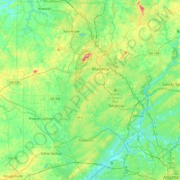 Топографическая карта Cobb County, высота, рельеф