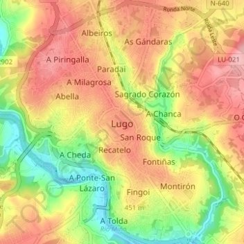 Топографическая карта Луго, высота, рельеф