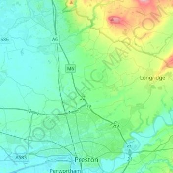 Топографическая карта Престон, высота, рельеф