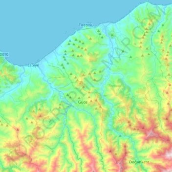 Топографическая карта Tirebolu, высота, рельеф