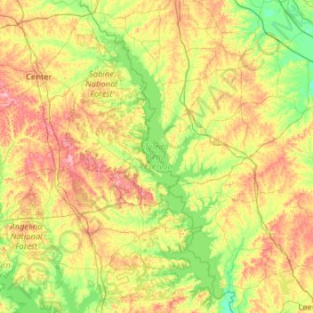 Топографическая карта Toledo Bend Reservoir, высота, рельеф