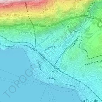 Топографическая карта Веве, высота, рельеф