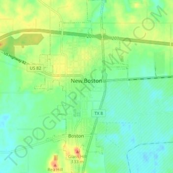 Топографическая карта New Boston, высота, рельеф