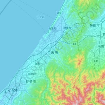 Топографическая карта 金沢市, высота, рельеф