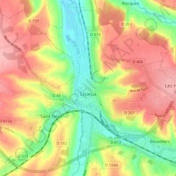 Топографическая карта Lisieux, высота, рельеф