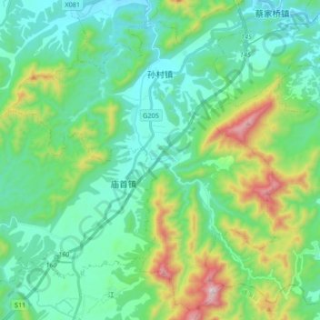 Топографическая карта 孙村镇, высота, рельеф
