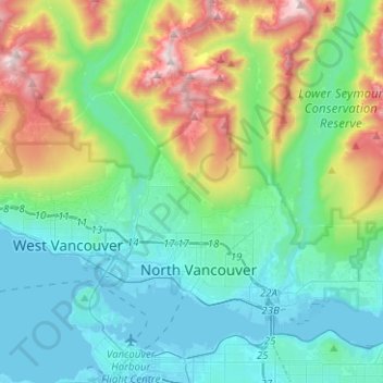 Топографическая карта District of North Vancouver, высота, рельеф
