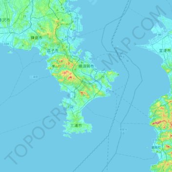 Топографическая карта 横須賀市, высота, рельеф
