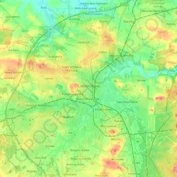 Топографическая карта Ченстохова, высота, рельеф