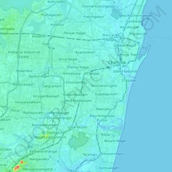Топографическая карта Chennai District, высота, рельеф