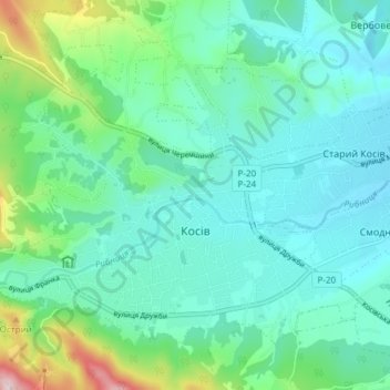 Топографическая карта Косов, высота, рельеф