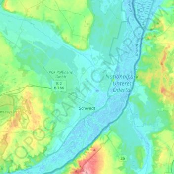 Топографическая карта Schwedt/Oder, высота, рельеф
