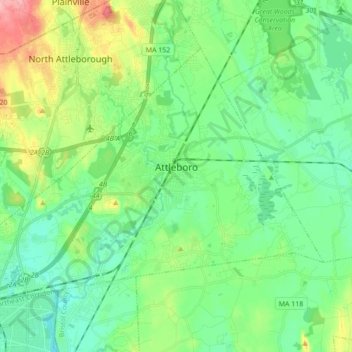 Топографическая карта Attleboro, высота, рельеф