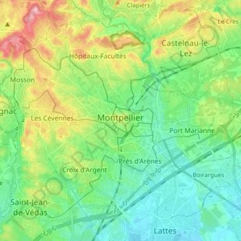 Топографическая карта Montpellier, высота, рельеф