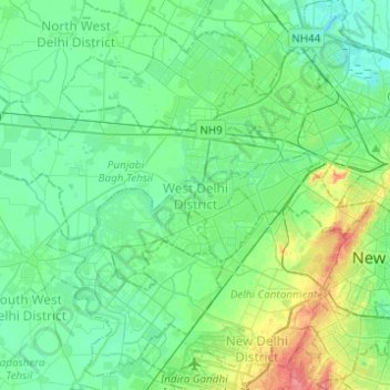Топографическая карта West Delhi District, высота, рельеф