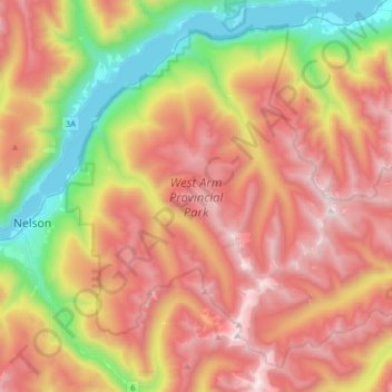Топографическая карта West Arm Provincial Park, высота, рельеф