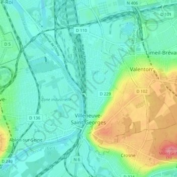 Топографическая карта Villeneuve-Saint-Georges, высота, рельеф
