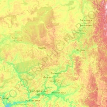 Топографическая карта Кама, высота, рельеф