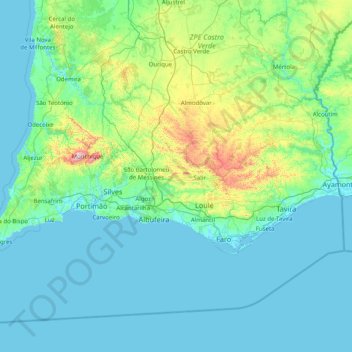 Топографическая карта Algarve, высота, рельеф