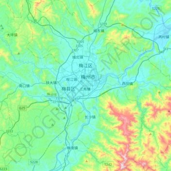 Топографическая карта 梅江区, высота, рельеф