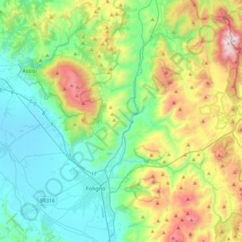 Топографическая карта Fiume Topino, высота, рельеф