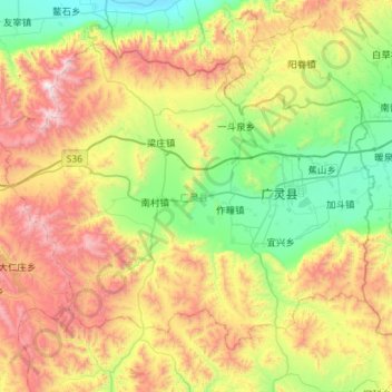 Топографическая карта Guangling County, высота, рельеф