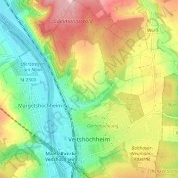 Топографическая карта Veitshöchheim, высота, рельеф